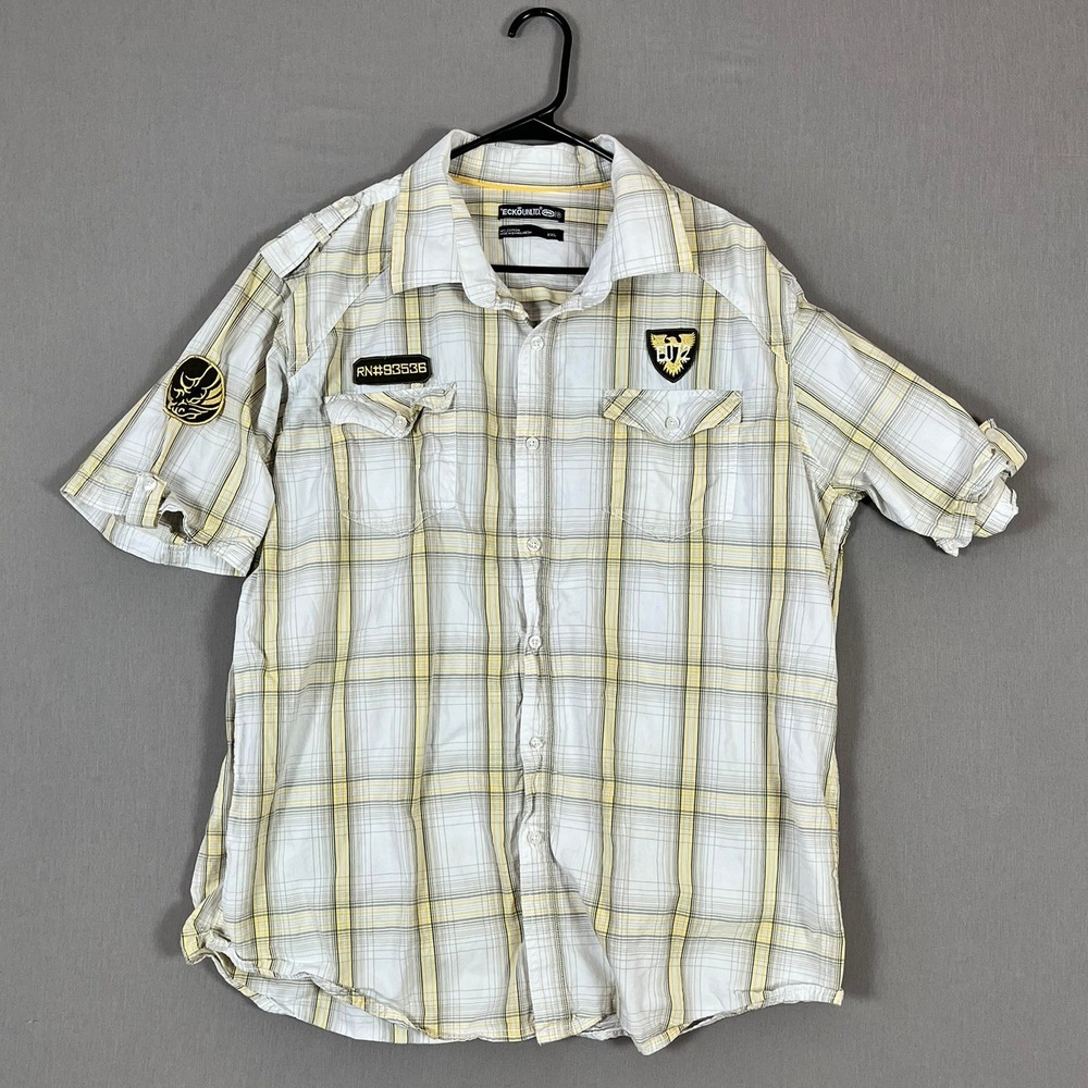Ecko Unltd‎ Y2K Shirt Mens 2XL White Yellow Plaid Button-Down EUC
